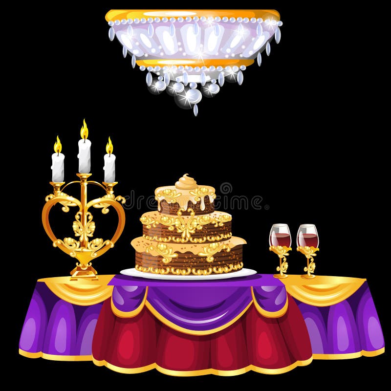 Tavola festiva con con un dolce lussuoso, i bicchieri di vino ed il candeliere dorato Interno d'annata della sala da pranzo royalty illustrazione gratis Tavola festiva con con un dolce lussuoso, i bicchieri di vino ed il candeliere dorato Interno d'annata della sala da pranzo royalty illustrazione gratis
