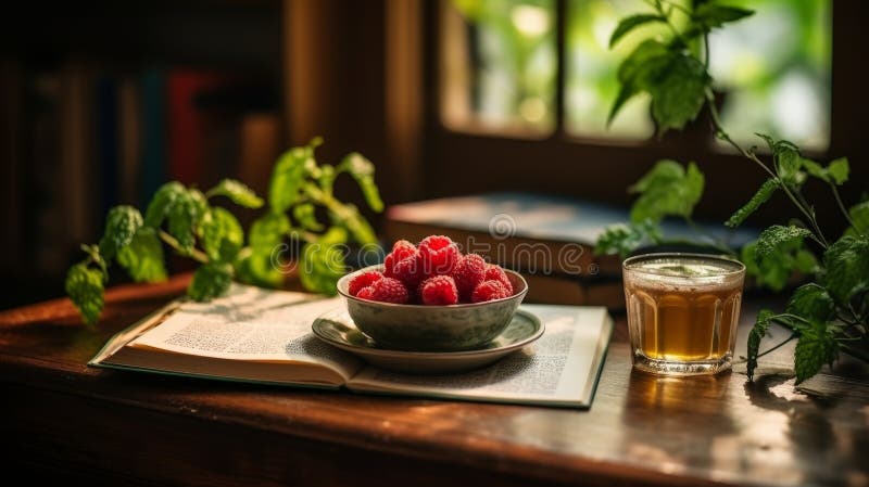 Tavola rustica con coppa 3d di lamponi maturi in un interno di stile contadino affascinante illustrazione vettoriale
