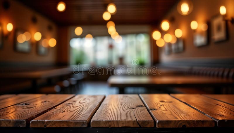Tavoletta di legno vuota all'aperto in giardino. lo sfondo sfuocato mostra il rustico interno del bar con illuminazione a caldo. g illustrazione vettoriale