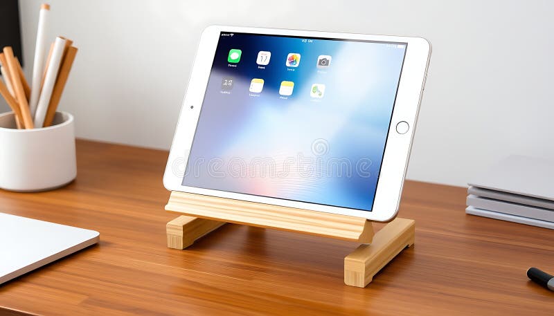 Tavoletta in legno Supporto per dispositivi mobili Tavoletta per tablet Supporto mobile Generativo AI illustrazione vettoriale