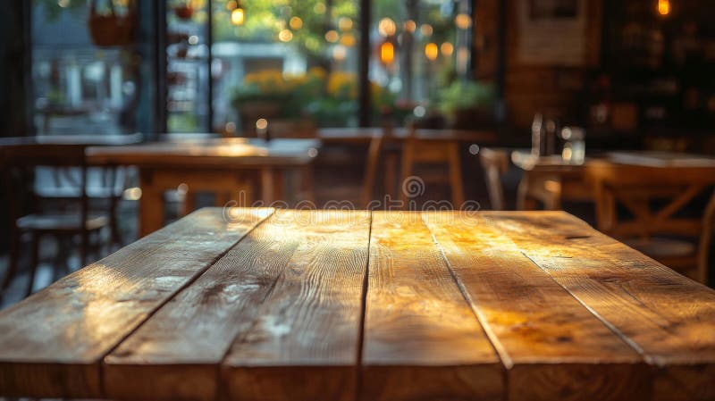 Tavolo Di Legno Illuminato In Un Café Rustic illustrazione vettoriale