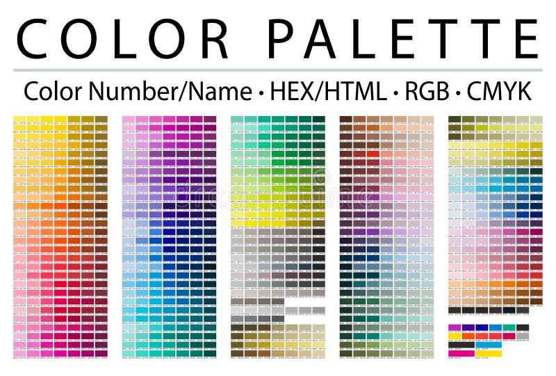 Tavolozza colori. stampa pagina test. tabella dei colori. numeri di colore o nomi. codici HTML rgb cmyk hex. tavolozza colori vett