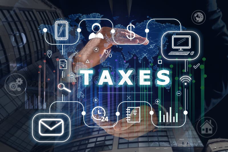 Tax. Man demonstrating scheme with icons