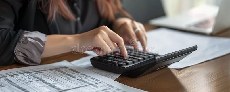 Tax day coming concept. Hands of an working accountant using a calculator. Documents, charts around in the top of a wooden office desk