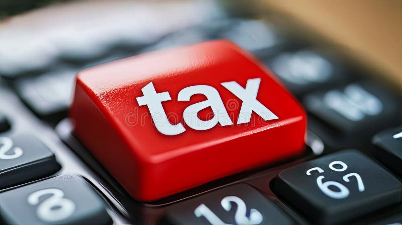 A close-up image of a calculator features a prominent red key labeled "tax. " The key stands out against the calculator's typical black keys, symbolizing financial and accounting processes related to taxation. The numerical keys are visible but blurred, emphasizing the "tax" key. The calculator represents tools used in finance, calculations, and tax-related work, highlighting its importance in fiscal contexts. Accounting processes illustrations