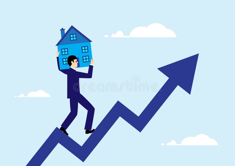 A vector illustration of a man carrying a house on an rising arrow. A metaphor on property related increases. A vector illustration of a man carrying a house on an rising arrow. A metaphor on property related increases