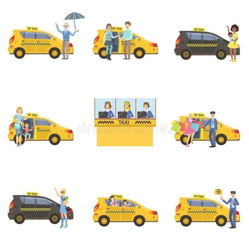 Taxi Cars, Drivers And Clients Set stock illustration Taxi Cars, Drivers And Clients Set stock illustration