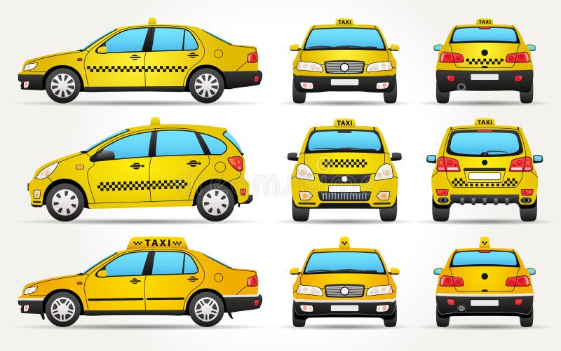 Taxi samochód przód - Tylny widok - strona - ilustracja wektor Taxi samochód przód - Tylny widok - strona - ilustracja wektor