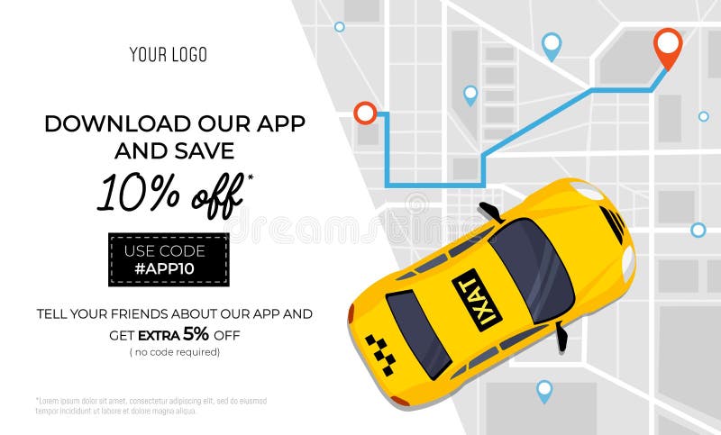 Taxi service promo ad banner with promotional code vector illustration. Template with profitable offer to download app and get sal royalty free illustration Taxi service promo ad banner with promotional code vector illustration. Template with profitable offer to download app and get sal royalty free illustration