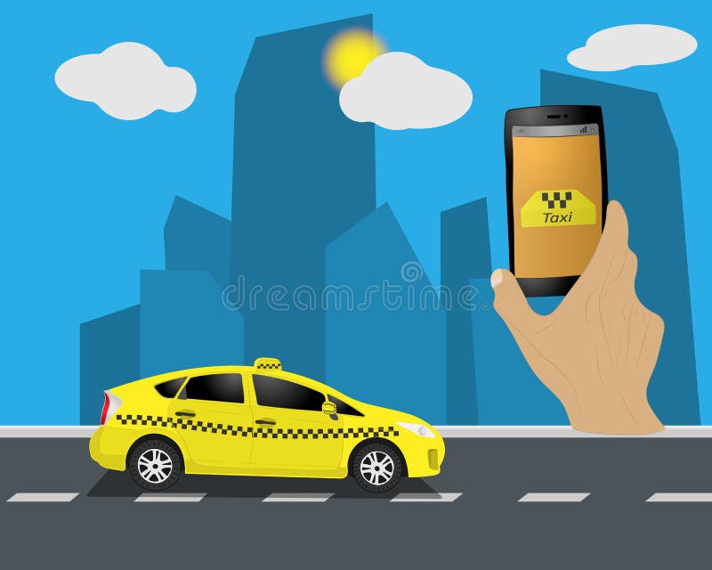 Taxi service. Yellow taxi cab. Hands with smartphone and taxi application, city and sky with clouds. Vector illustration. The Taxi service. Yellow taxi cab royalty free illustration Taxi service. Yellow taxi cab. Hands with smartphone and taxi application, city and sky with clouds. Vector illustration. The Taxi service. Yellow taxi cab royalty free illustration