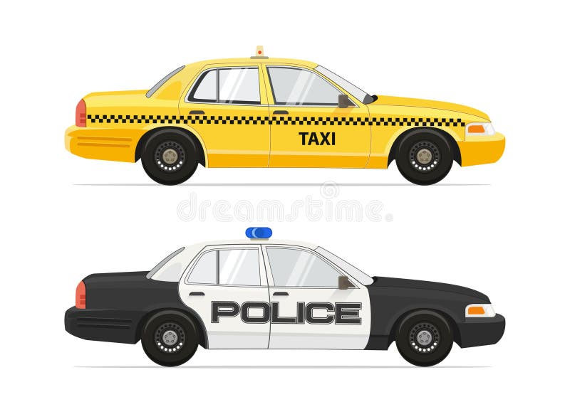 Taxi Yellow Cab NYC Car. Police Sheriff Security Car. Isolated on white background cars set. Vector illustration. stock illustration Taxi Yellow Cab NYC Car. Police Sheriff Security Car. Isolated on white background cars set. Vector illustration. stock illustration