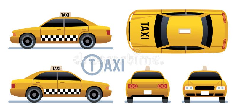 Taxibil Gul taxisikt från sida, framdel, baksida och överkant Uppsättning för vektor för tecknad filmstadstaxi vektor illustrationer Taxibil Gul taxisikt från sida, framdel, baksida och överkant Uppsättning för vektor för tecknad filmstadstaxi vektor illustrationer