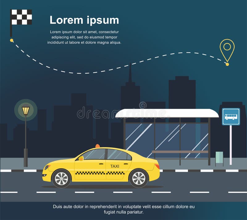 Taxien stoppade på hållplatsen på bakgrund av illustrationen för nattstadsvektorn royaltyfri illustrationer Taxien stoppade på hållplatsen på bakgrund av illustrationen för nattstadsvektorn royaltyfri illustrationer