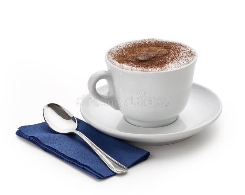 Cappuccino cup with spoon on white background. Cappuccino cup with spoon on white background