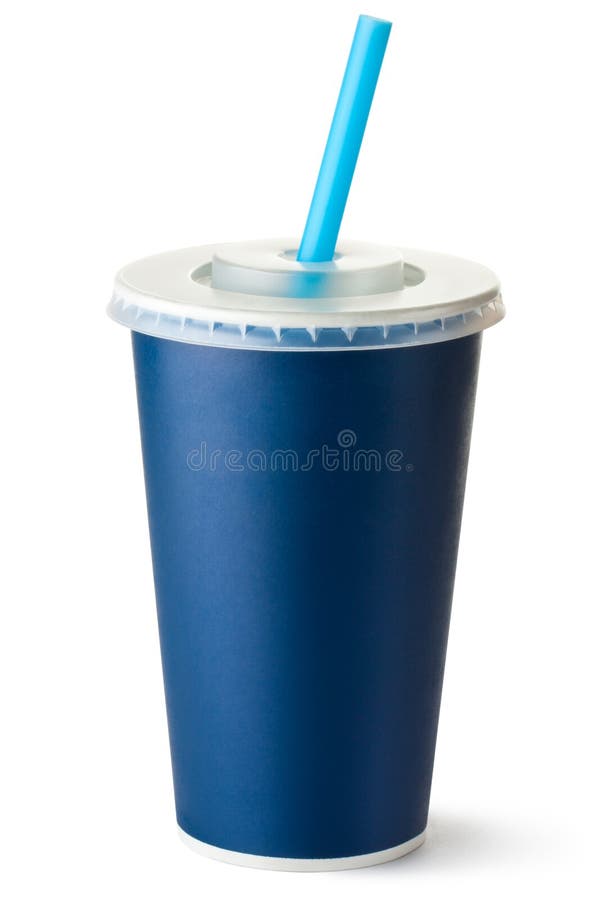 Dark blue cardboard cup with a straw. Satnding on a white. Dark blue cardboard cup with a straw. Satnding on a white.