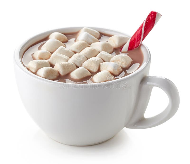 Cup of hot cocoa with marshmallows and candy stick isolated on white background. Cup of hot cocoa with marshmallows and candy stick isolated on white background