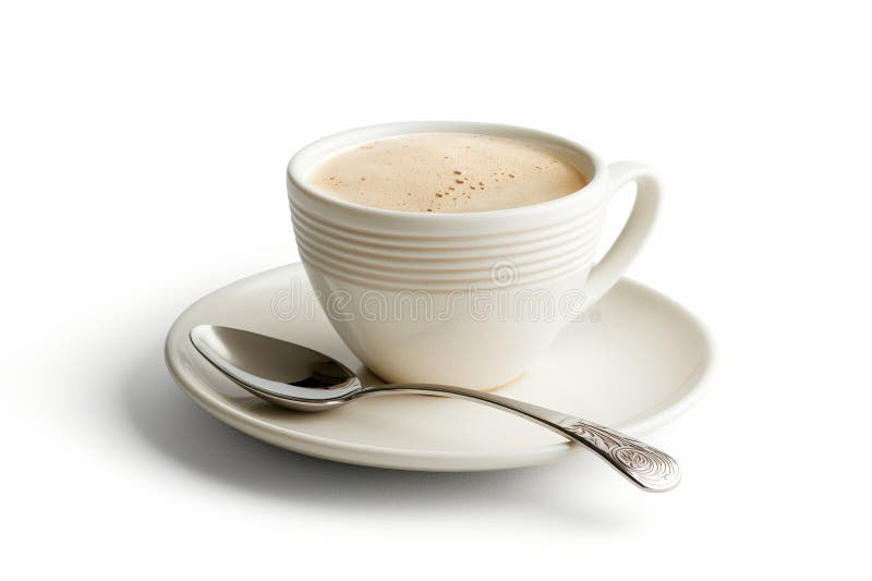 A ceramic coffee cup with saucer and spoon on a white background, symbolizing a fresh start to the day or a coffee break AI generated. A ceramic coffee cup with saucer and spoon on a white background, symbolizing a fresh start to the day or a coffee break AI generated