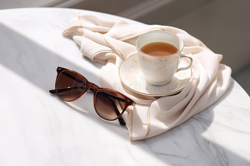 Cup of morning tea with designer sunglasses and elegant silk scarf on marble tabletop still life. Generative AI. Cup of morning tea with designer sunglasses and elegant silk scarf on marble tabletop still life. Generative AI