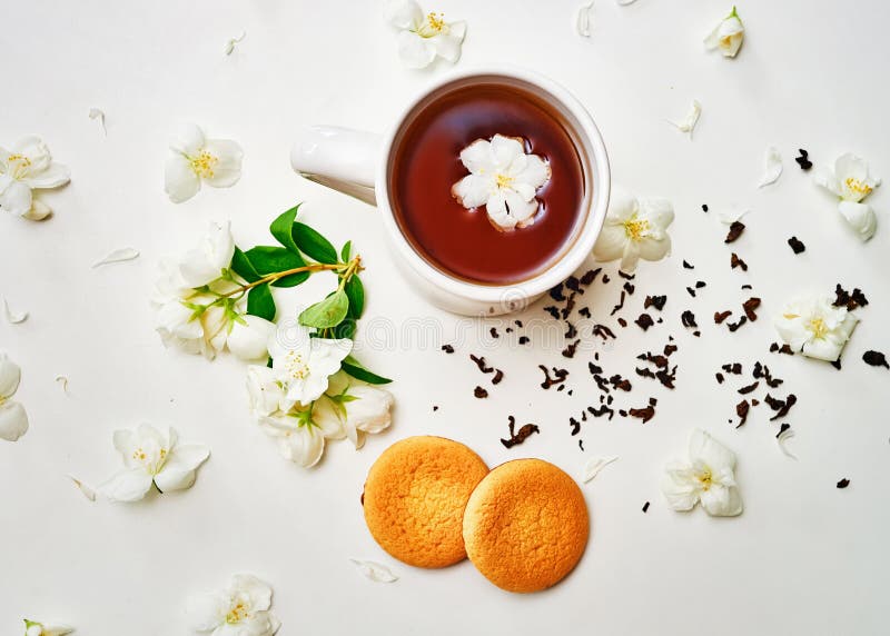 Taza de té con la flor y las galletas secadas y frescas del jazmín imagenes de archivo Taza de té con la flor y las galletas secadas y frescas del jazmín imagenes de archivo