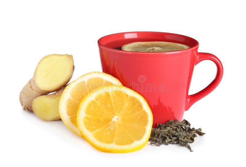 Taza de té, de rebanadas del limón y de jengibre imagen de archivo Taza de té, de rebanadas del limón y de jengibre imagen de archivo