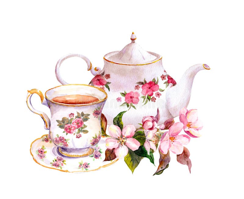 Taza de té, tetera con las flores Diseño de la acuarela del vintage