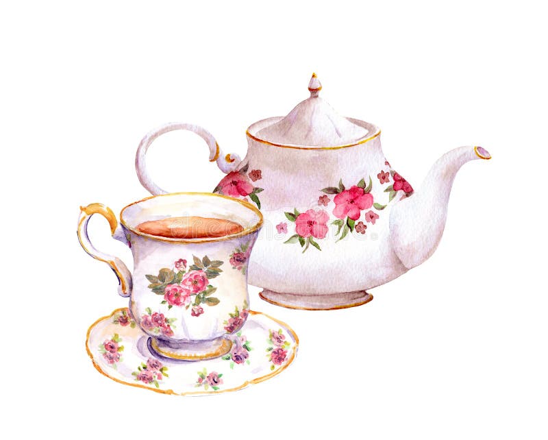 Taza de té y tetera con las flores watercolor