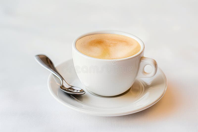 A white cup of cappuccino with creamy foam on a saucer with a spoon, isolated on a white background AI generated. A white cup of cappuccino with creamy foam on a saucer with a spoon, isolated on a white background AI generated