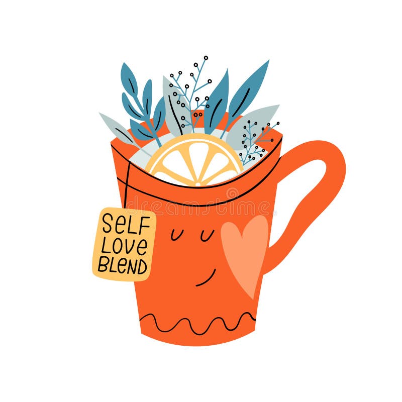 Tazza allegra di tè caldo di erbe con una miscela di limone di autoamore e cuore grande illustrazione vettoriale