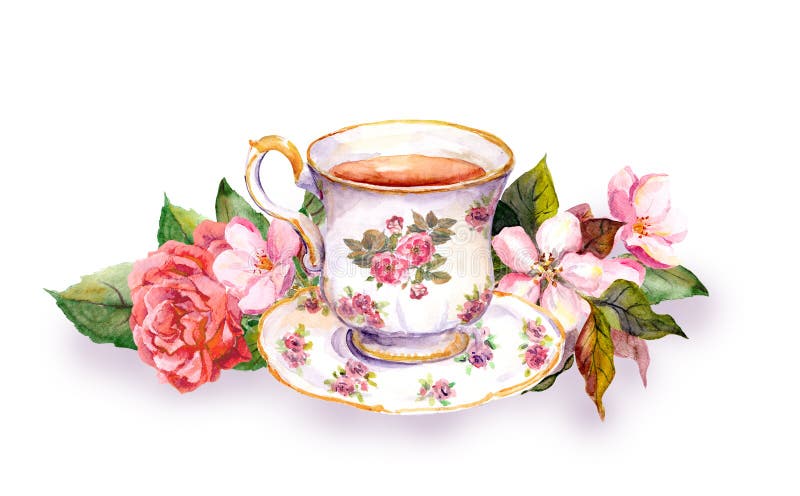 Tazza da the e teiera con i fiori rosa watercolor royalty illustrazione gratis Tazza da the e teiera con i fiori rosa watercolor royalty illustrazione gratis