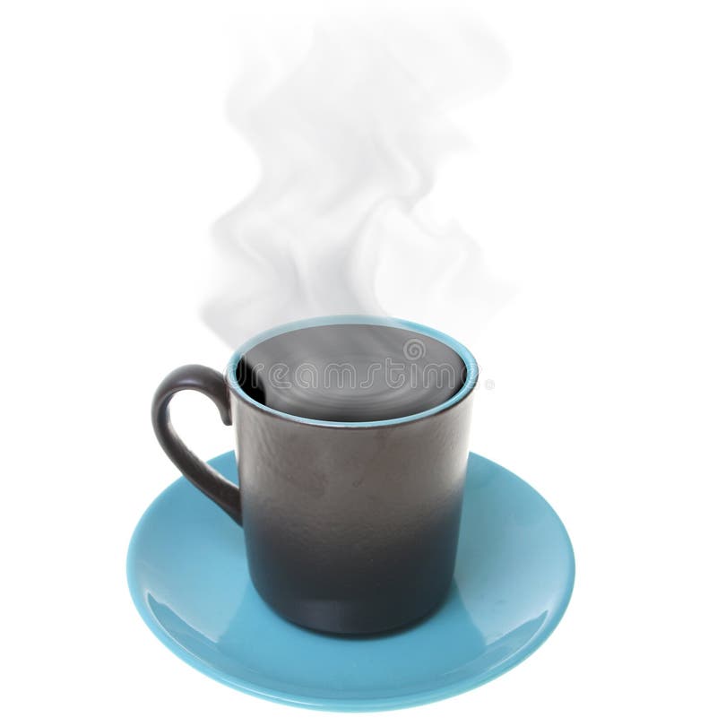 Cup of coffee with smoke or steam rising. Blue and black cup and saucer with dark hot liquid isolated on white. Cup of coffee with smoke or steam rising. Blue and black cup and saucer with dark hot liquid isolated on white