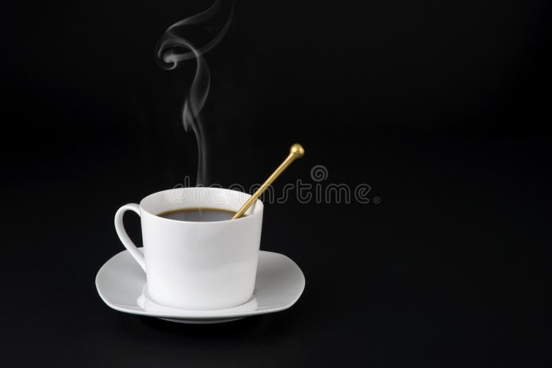 Coffee time - mug filled with hot coffe with smoke black background. Coffee time - mug filled with hot coffe with smoke black background