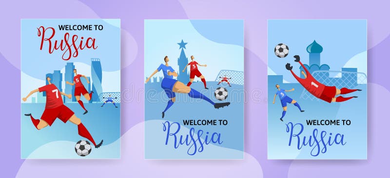 Tazza di calcio La Russia Giocatori di football americano sul fondo russo di paesaggio urbano Insieme dei manifesti verticali con illustrazione vettoriale Tazza di calcio La Russia Giocatori di football americano sul fondo russo di paesaggio urbano Insieme dei manifesti verticali con illustrazione vettoriale