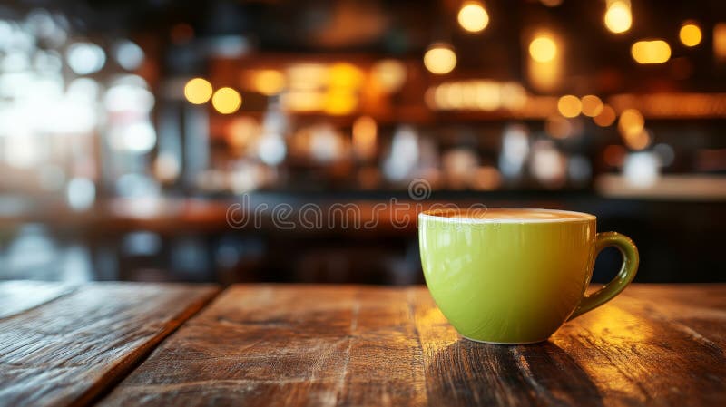 Tazzina di caffè verde al mattino in legno di colore bianco in legno con il concetto di rilassamento interno di un caffè sfuocato royalty illustrazione gratis