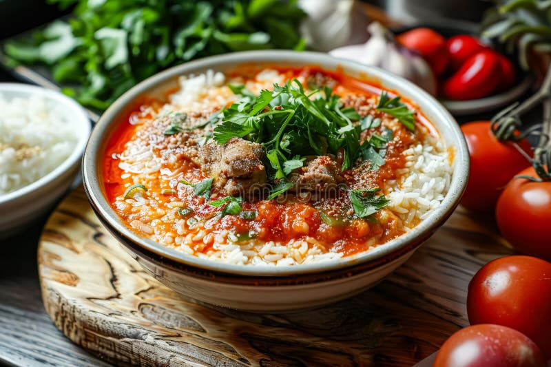 Tazón de comida con arroz y carne y un montón de hierbas verdes encima imagen de archivo libre de regalías