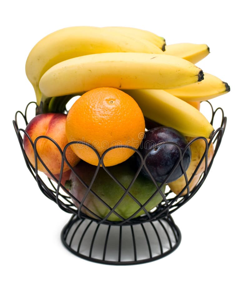 Fruit bowl on a white background containing oranges, nectarines, plums, oranges, mangos, and bananas. Fruit bowl on a white background containing oranges, nectarines, plums, oranges, mangos, and bananas.