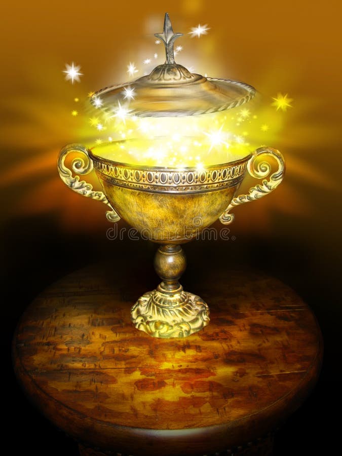 A tortoise shell colored bowl with handles on a wooden table with magic light and stars bursting off the lid. Concept for the unknown or future. A tortoise shell colored bowl with handles on a wooden table with magic light and stars bursting off the lid. Concept for the unknown or future.