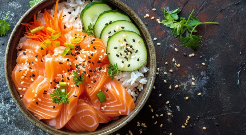 A bowl filled with cooked salmon and rice, topped with fresh cucumbers. AI Generative AI generated. A bowl filled with cooked salmon and rice, topped with fresh cucumbers. AI Generative AI generated
