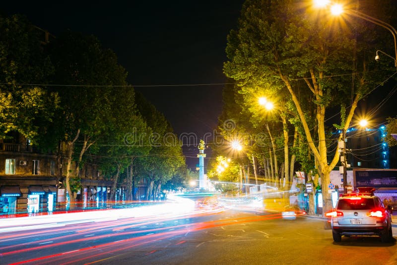 Tbilisi Georgia. Night View Of Liberty Monument, Rustaveli Avenue