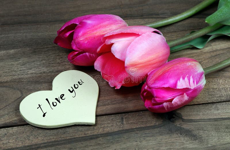 Te amo Tulipanes en una tabla de madera fotos de archivo libres de regalías Te amo Tulipanes en una tabla de madera fotos de archivo libres de regalías