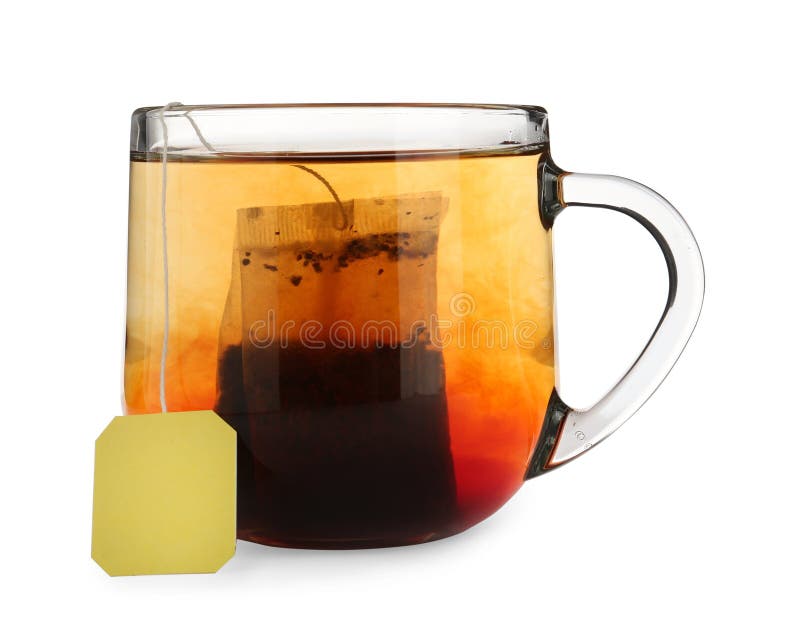 Tea Bag in Glass Cup of Hot Water Isolated on White Stock Image Image