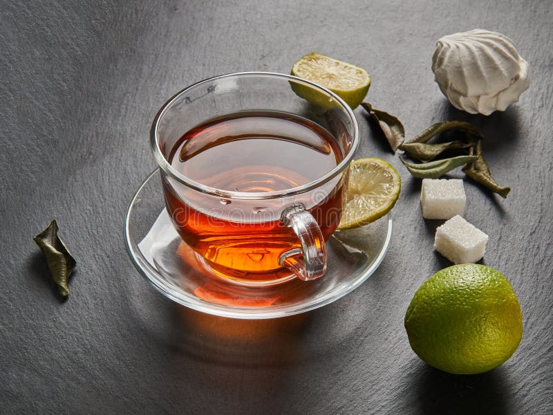 Tea in a Bag, Lime and Marshmallows Stock Photo Image of black
