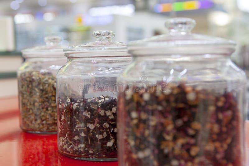 Samples Of Loose Leaves Of Green, Red, Black And Herbal Tea In Glass Jars  Stock Photo, Picture and Royalty Free Image. Image 117872349.