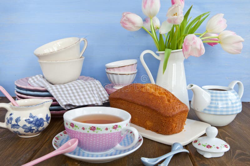 Tea and cake stock image. Image of sunday, plates, checkered 37192633