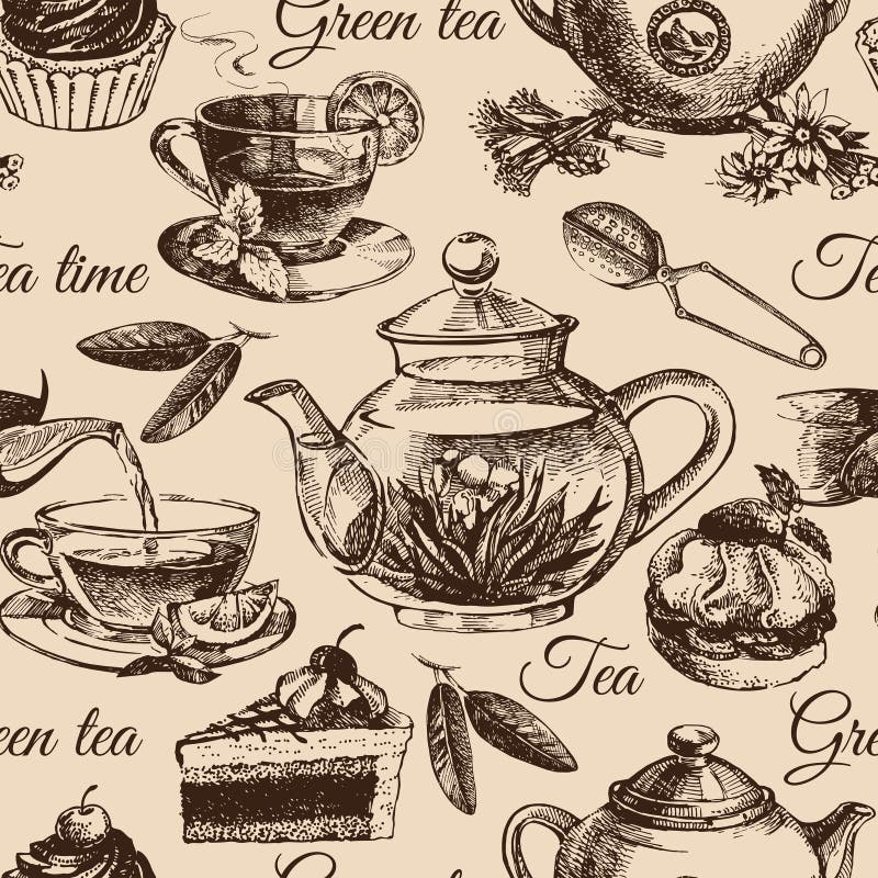 Tea and cake seamless pattern. Hand drawn sketch illustration. Menu design