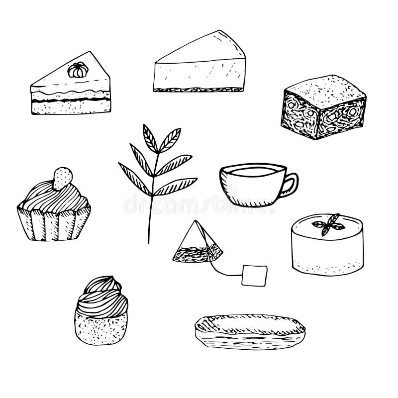 Tea and Cake Set, Vector Illustration, Hand Drawing Stock Illustration