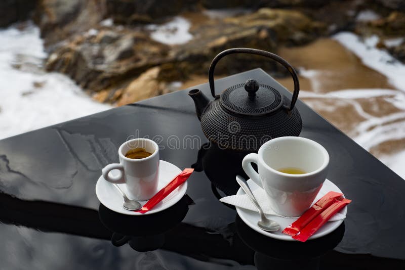 Tea and Coffee Cup Pot Set on Black Shiny Table Stock Image Image of