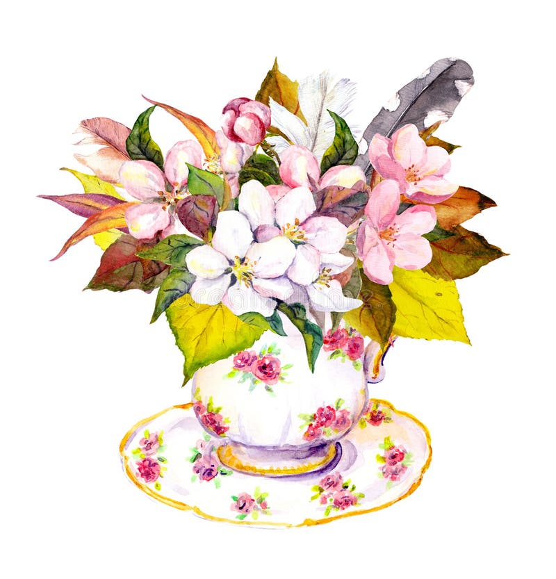 Tea cup with autumn leaves, cherry flowers and vintage feathers.