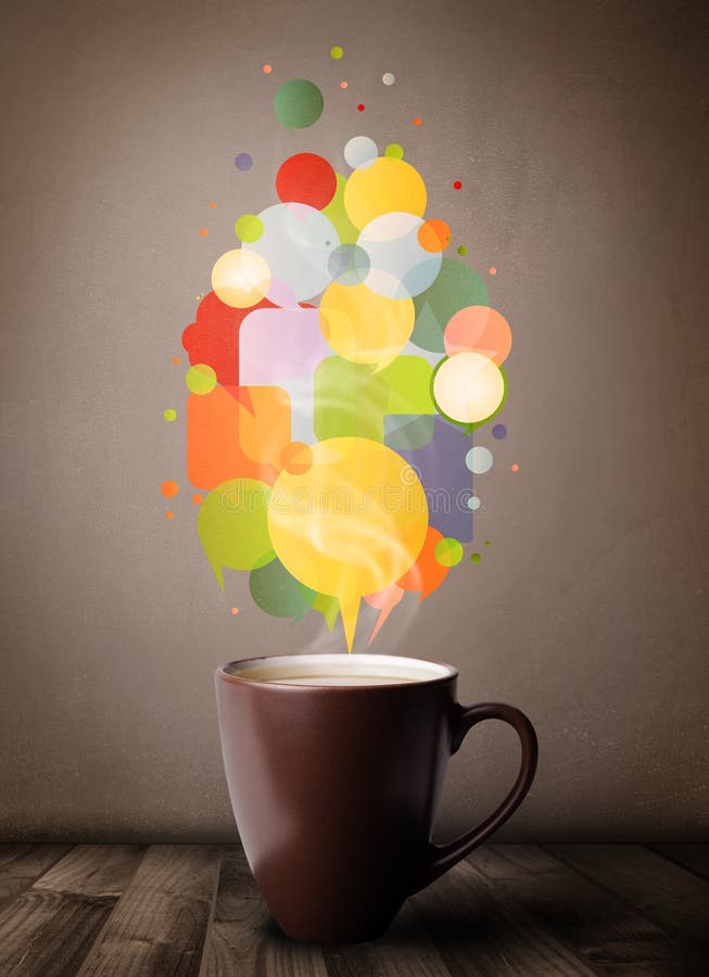 Tea cup with colorful speech bubbles stock photography