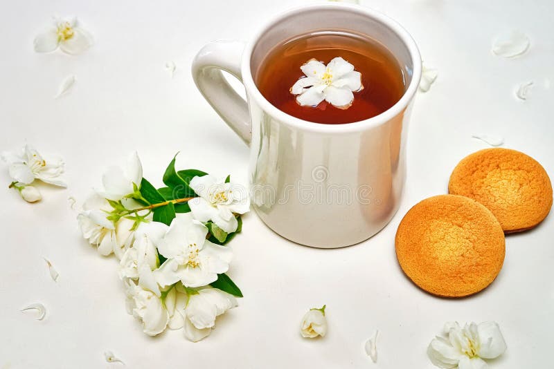 Tea Cup with Fragrant Jasmine Flowers and Biscuits on Background Stock