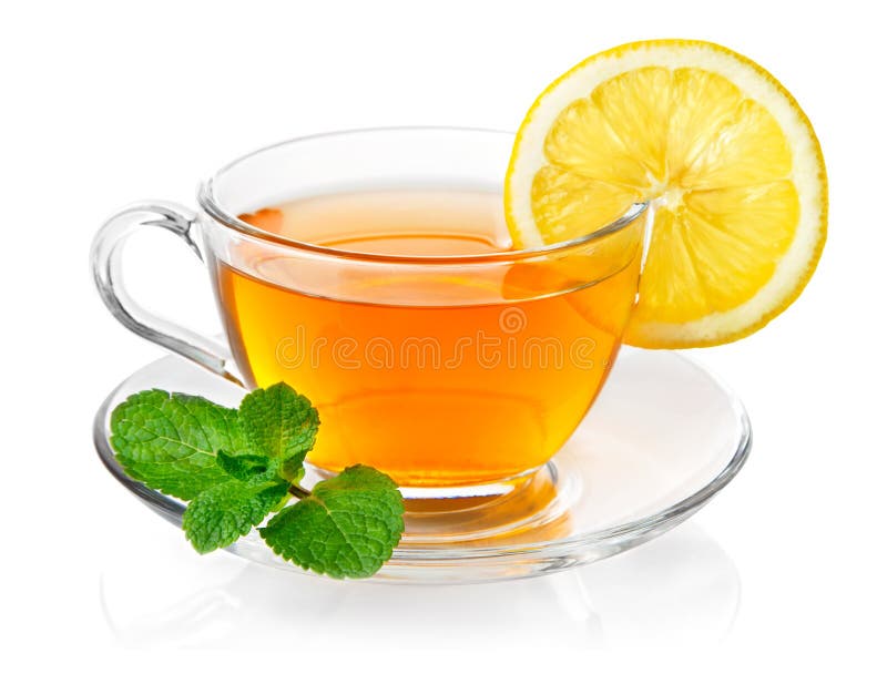 Tea in cup with leaf mint and lemon